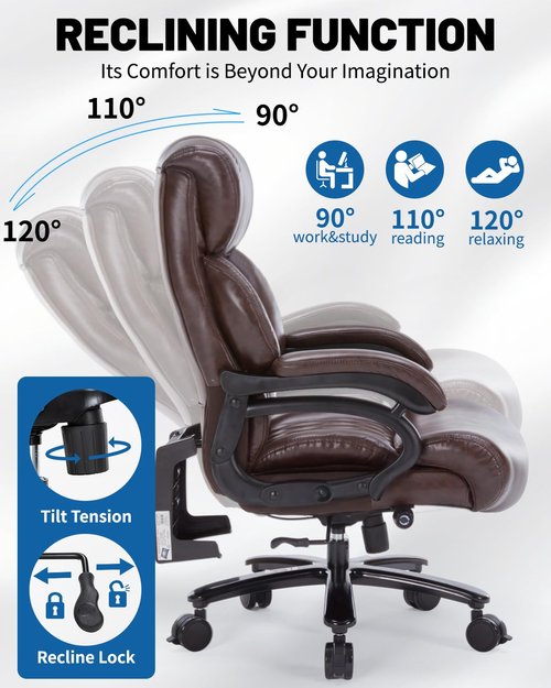 800LBS Large Heavy Duty Office Chair with Massage Footrest, Big and Tall Office Chair with Adjustable Lumbar Support, PU Leather Executive Chair with Extra Wide Seat (Brown)