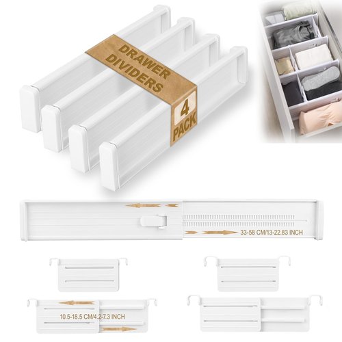 CeeVian Kitchen Drawer Dividers 4+4 Pack Drawer Divider Expandable Drawer Dividers Drawer Separators Splitter Plastic Drawers Separators for Dresser, Clothes, Kitchen and Office Storage