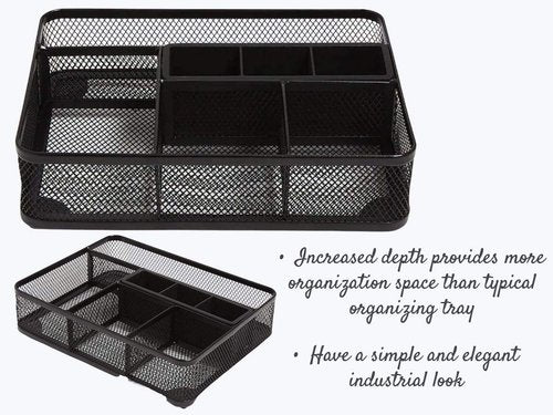 1InTheOffice Mesh Collection Desk Drawer Organizer Tray, Black, 7 Compartment