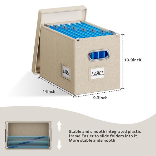 Chizjox File Organizer Box with Lid - Set of 2 Portable Hanging filebox, Collapsible Linen Decorative Filing Storage Boxes for Office & Home File Cabinet (Beige 14 x 9.3 x 10.9 inch)