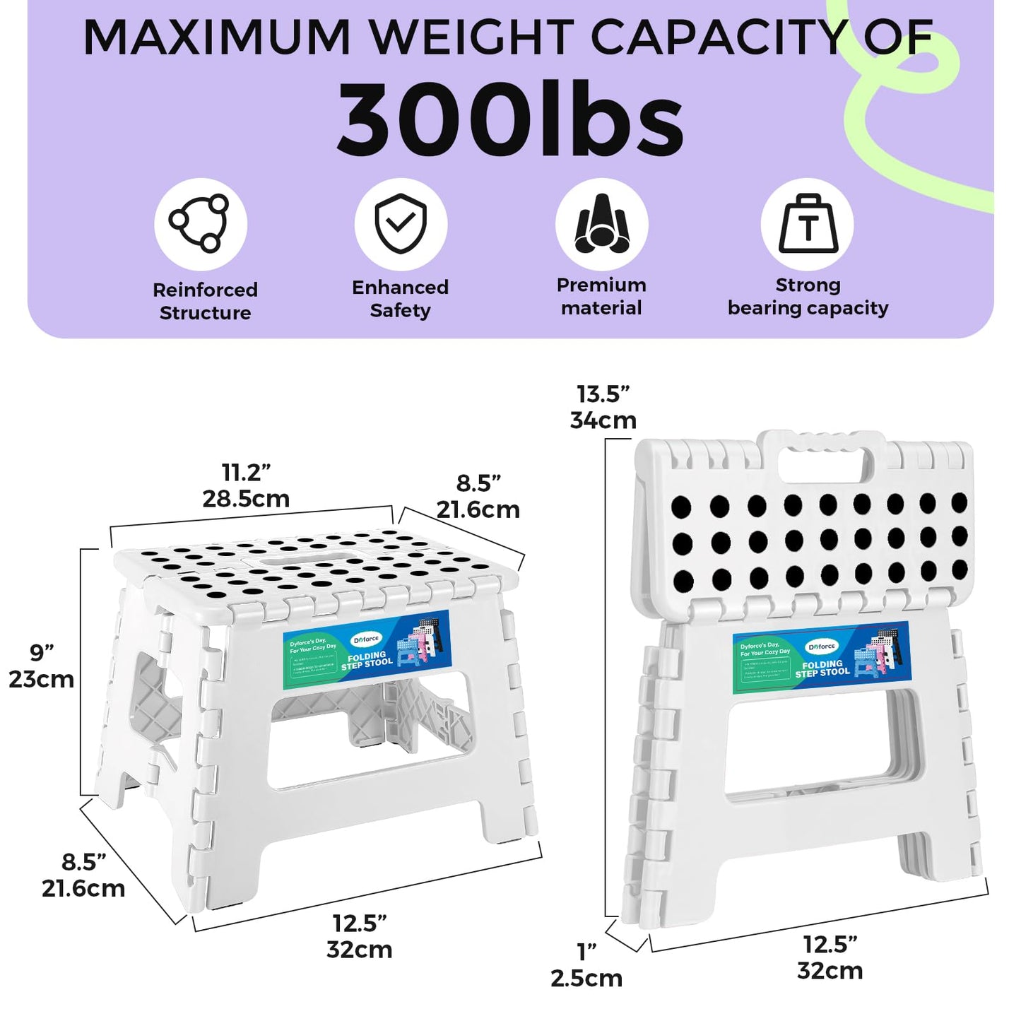 Dyforce 17.5 Inch Folding Step Stool 400lbs Capacity Sturdy Plastic Foldable Step Stools for Adults Stepping Stool with Handle Easy to Carry Handle Folding Stool Ideal for Kitchen (White 1PC)