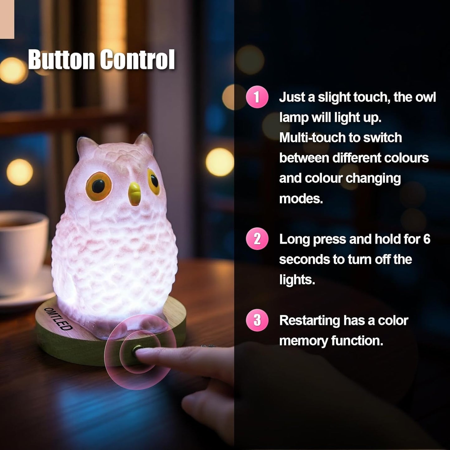 Skiennix Owl Table Lamp - Dimmable LED Night Light with Remote Control | Portable Touch Control (Large)