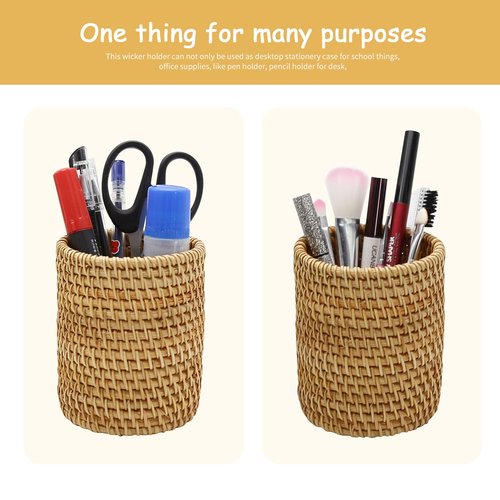 ZUDKSUY 2 Pack Rattan Pencil Holder Handmade Pen Organizer Boho Desk Accessories Pen Cup Holder Aesthetic Holder for Desk Cute