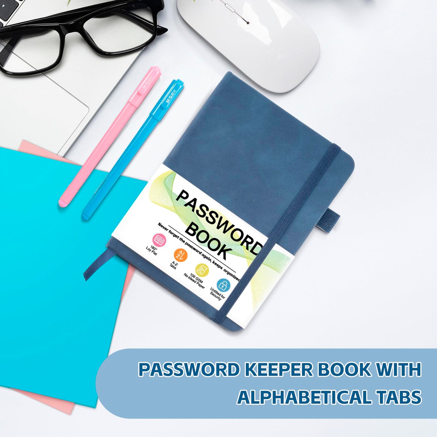 MOSA BEAR Password Keeper Book with Alphabetical Tabs，4.3"x5.7" Small Password Books for Seniors Password Notebook for Internet Website Address Log in Detail（Dark Blue）