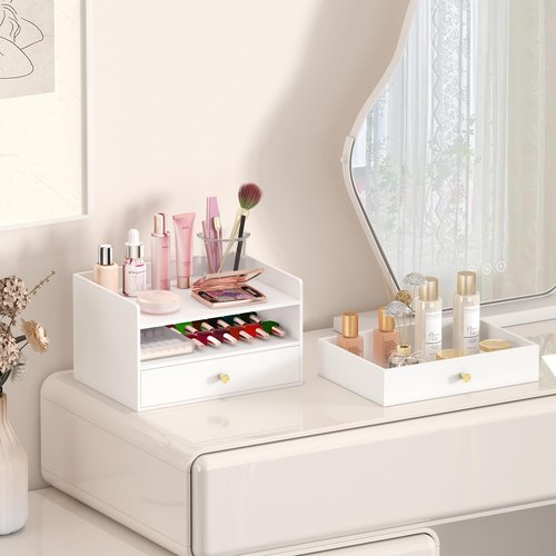 Xadgve Bamboo Desk Organizer - Stackable, No Assembly Required, Ideal for Office/Home Use - Perfect for Toiletries, Stationery, Accessories. (White, Two level drawer box with sides)