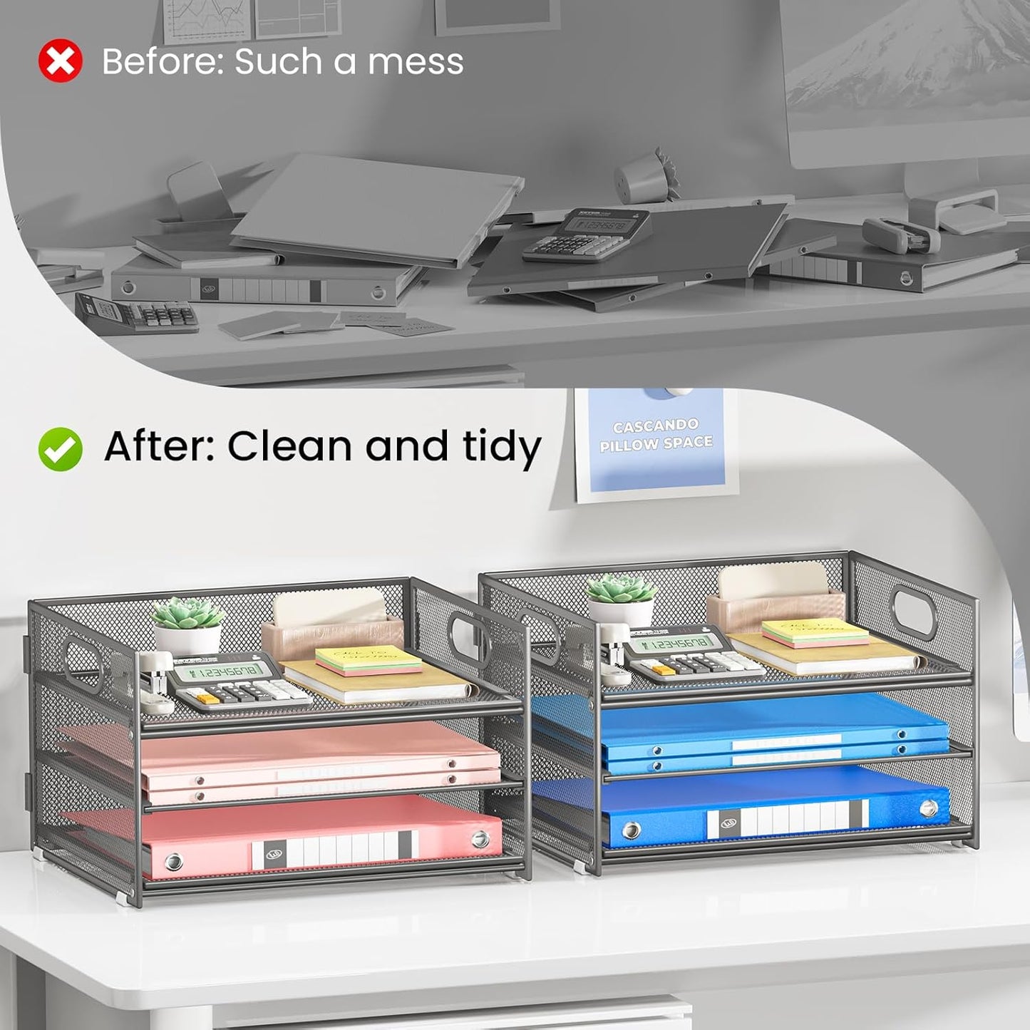 Subekyu 3-Tier Gray Metal Mesh Desk Organizer - 2-Pack File Sorter with Handle & Sliding Tray for A4 Paper