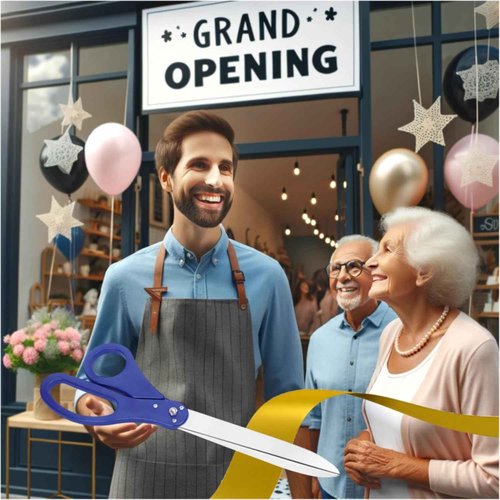 Oversize Ribbon Cutting Ceremony Kit - Large Blue Scissors 25 Inch Gold Satin Ribbon for Grand Opening and Box for Business Opening Special Events Inaugurations