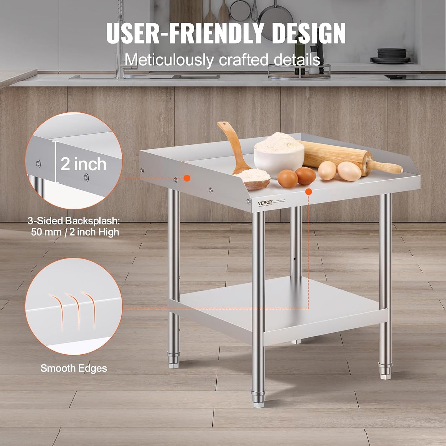 VEVOR Stainless Steel Work Table - Heavy Duty 24" x 24" Commercial Food Prep Table with Adjustable Height & 3-Sided Backsplash