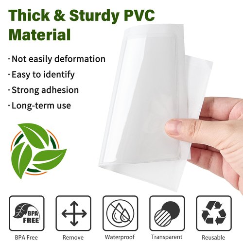 Ohuimrt 52 Pack Clear Adhesive 3" x 5" Index Card Pockets with Top Open, Plastic Card Sleeves Index Card Holder for Organizing Storage Bins, Library Cards, Notes, Drawer