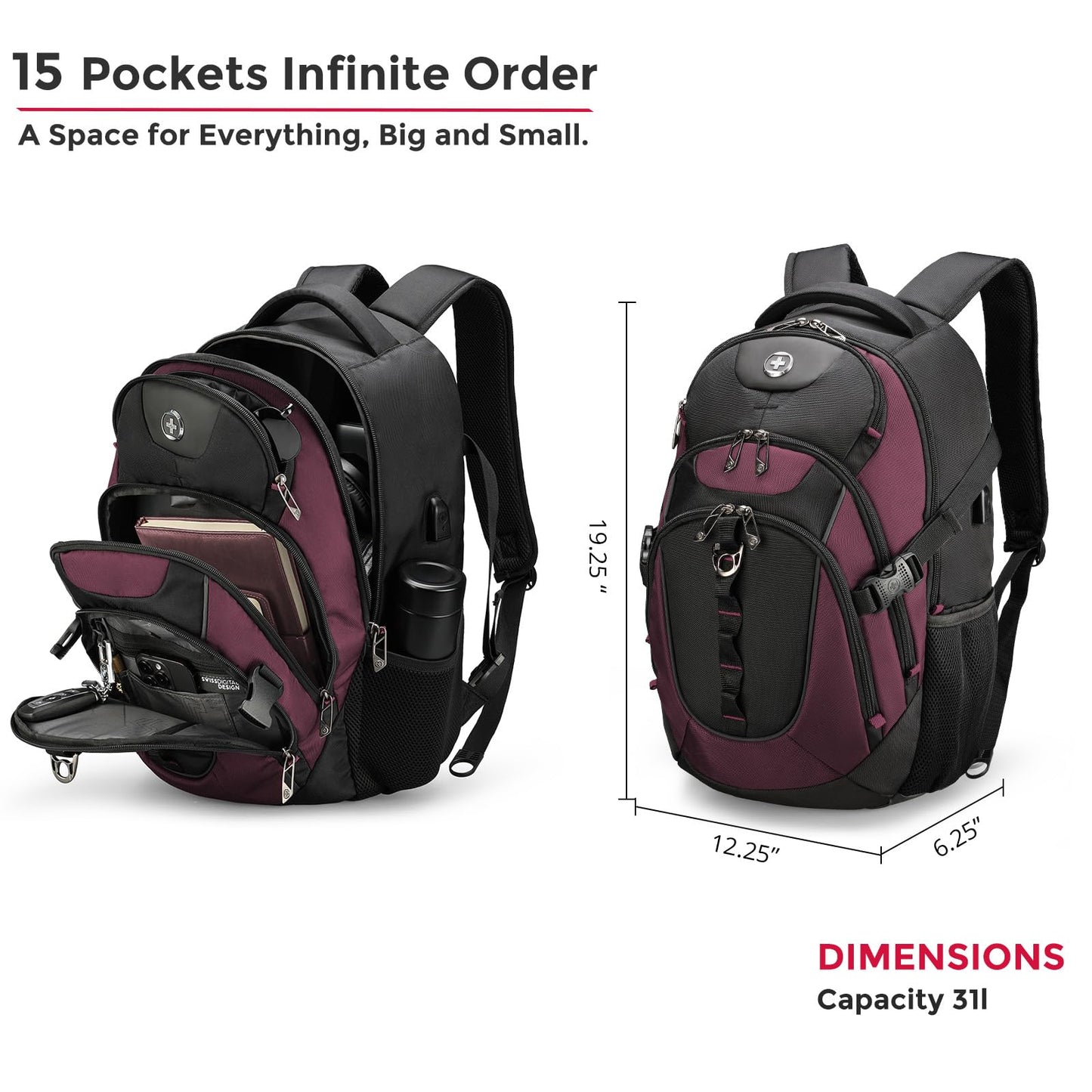 Swissdigital Design Laptop Backpack with USB Charging Port, Travel Backpack Fits 15.6 inches Computer, 31L College School Backpack for Women, Angola red/Black | SD803-44