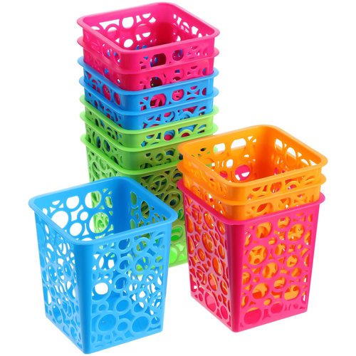 12 Pcs Desktop Pencil Holder Plastic Cups for Desk Hollow Square Classroom Pencil Baskets Office Storage Organizer for Kids Makeup Cosmetic Cup Home Classroom Drawer in 4 Bright Colors