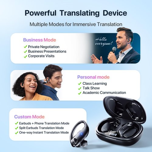 AI Real-Time Translation Earbuds: 144 Languages, Noise Canceling, 60 Hours Battery - Seamless Translator Headphones for Travel, Business, Learning, iOS & Android Support