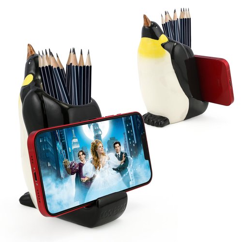 Penguin Pen Pencil Holder with Phone Stand, Resin Penguin Shaped Pen Container Cell Phone Stand Carving Brush Scissor Holder Desk Organizer Decoration for Office Desk Home Decorative