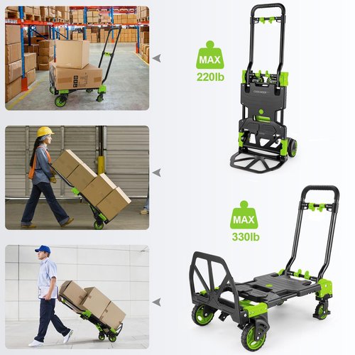 2-in-1 Folding Hand Truck Dolly 330LB Load Carrying, Hand Truck Foldable Dolly with Retractable Handle and 4 Rubber Wheels, Portable Folding Hand Cart for Moving/Travel/Office(Green)
