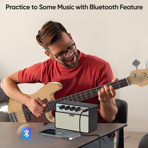 Ueteto 10W Mini Bass Amp, Portable and Rechargeable Bass Guitar Practice Amplifier with Clean and Drive Channels