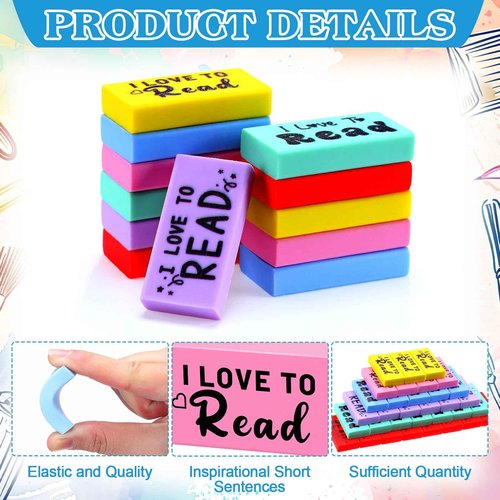 Dunzoom 300 Pcs Inspirational Erasers for Kids Back to School Gifts I Love to Read Small Colorful Pencil Erasers for Students Classroom Cute Motivational Gift for Drawing School Office Supplies