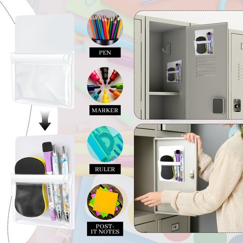 Sherr 6 Pcs Magnetic Pen Marker Holders, Magnetic Pocket Pouch 4.7 x 6.5 Clear File Holder for Fridge Whiteboard Locker, Magnet Pen Dry Erase Marker Storage Organizer Accessories(White)