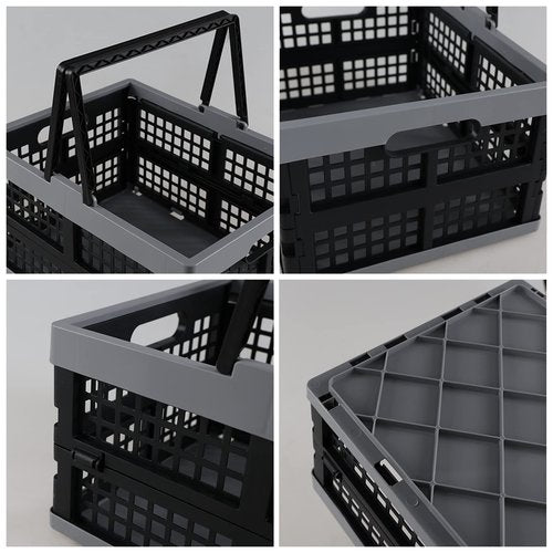 Tyminin Pack of 2 Collapsible Shopping Baskets, 15 Liter Folding Plastic Crate with Handles, Moving Storage Crate Small Stackable Containers Bins, Black