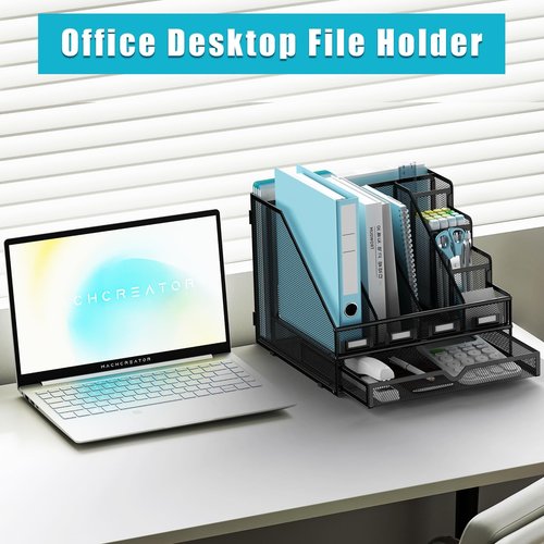Desk File Organizer, 4 Vertical Compartments Rack + 4 Pen Holders + Drawer File Organizer, Metal Desk Magazine Folder Holder for Office, Home, School, Black