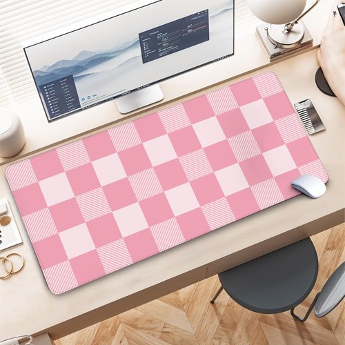 Checkered Mouse Pad Gaming, Large Mouse Pad for Desk, Checkered Desk Mat Extended Mousepad with Non-Slip Rubber Base Stitched Edge, Long Keyboard Mat for Gaming Home Office, Pink, 35.4" x 15.7"