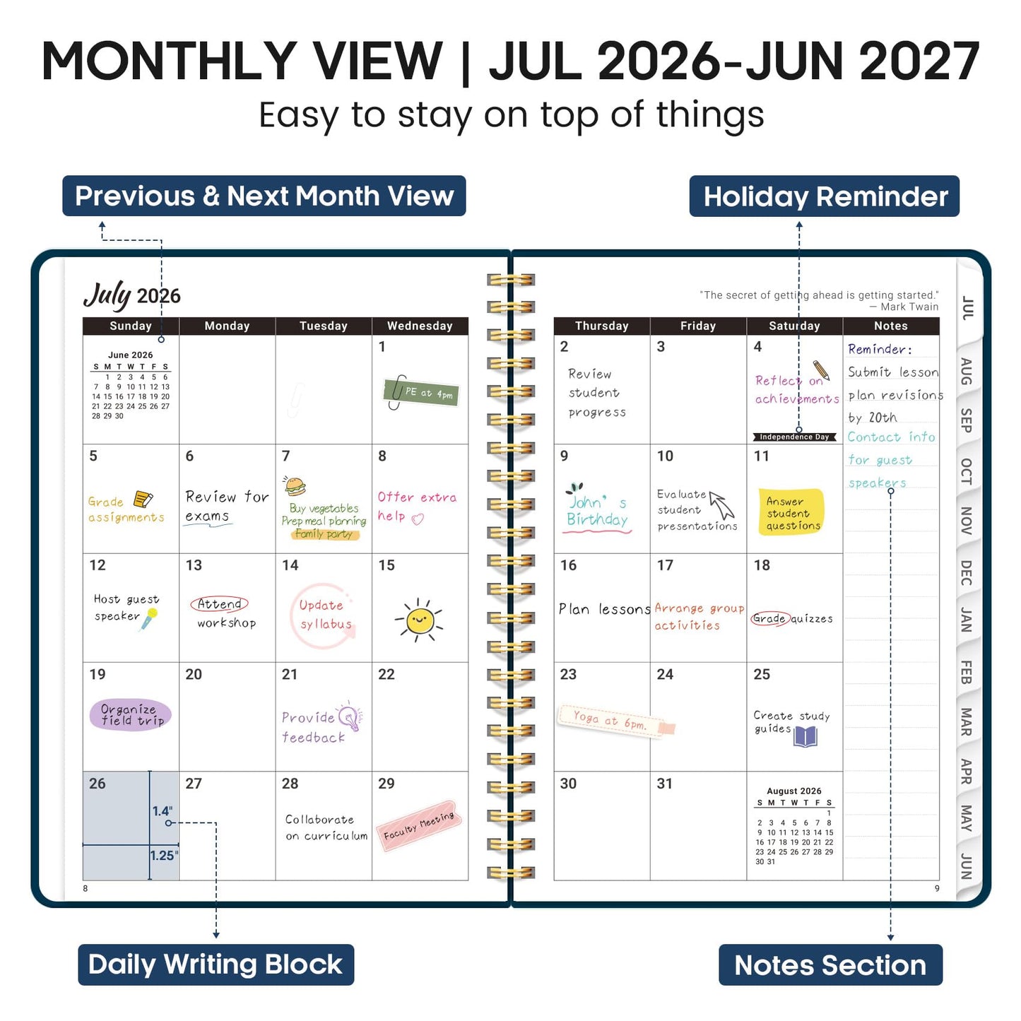 Academic Planner 2026-2027, Weekly and Monthly Calendar Planner Book, July 2026 – June 2027, Hardcover Organizer with Tabs, Perfect for Teachers, Students, Women & Men, A5 (6.4" x 8.5") - Navy