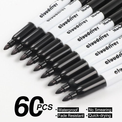 Cloudriver Black Permanent Markers - Fine Tip, Quick Drying & Fade Resistant | 60-Pack Set for Plastic, Wood, Metal & Glass