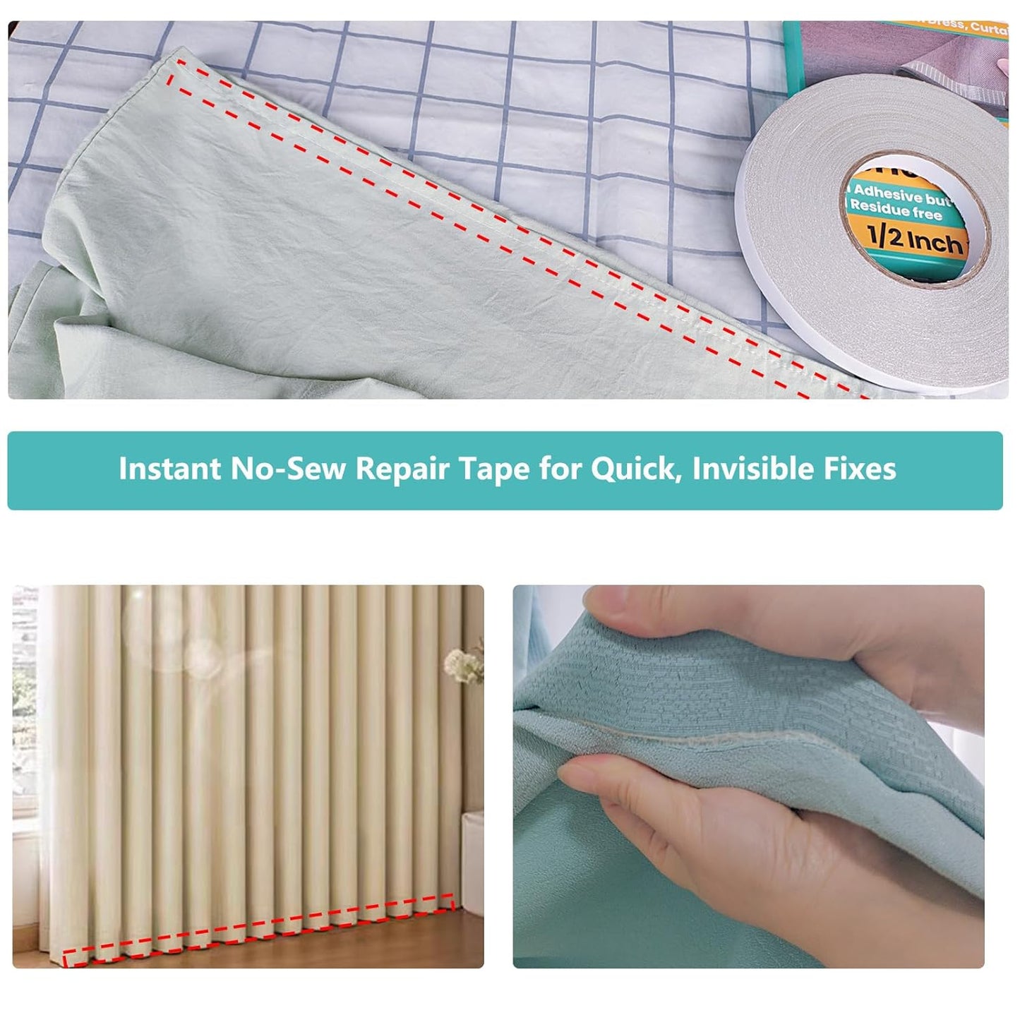 WENSSKKU Double-Sided Fabric Hemming Tape - Strong Adhesive, No Sew, Removable | 1/2 Inch x 200 Feet