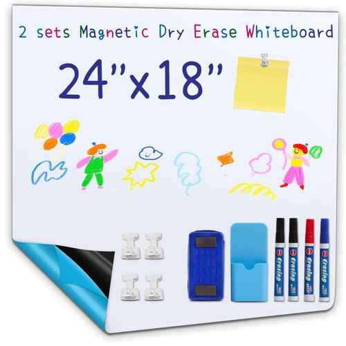 2 Pieces Magnetic Dry Erase whiteboard Paper with self Adhesive Backing Adhesive, 24“ x 18”, Easy to Write and Clean, for Kids Home playroom Office, Peel and Stick Wallpaper.