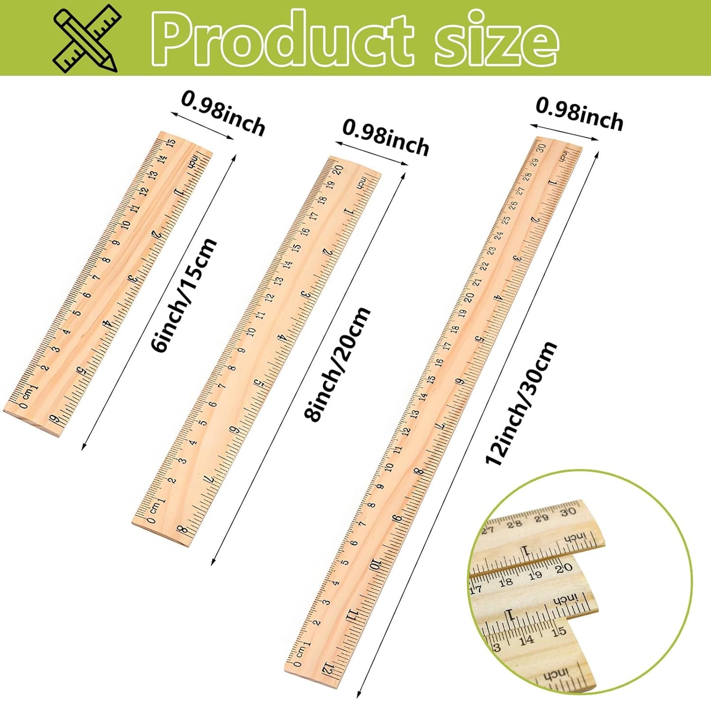 Wood Ruler Set by [Brand Name] - 3 Pack with 6", 8", and 12" Lengths for Precise Measurements | Ideal for Home, Office & Engineering