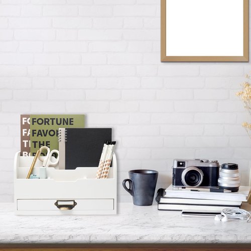 EMAISON Real Wood Desk Organizer 3 Tier Countertop Mail Holder with 5 Compartments and Drawer for Office Accessories (13x7.9x6.3 inches, White)