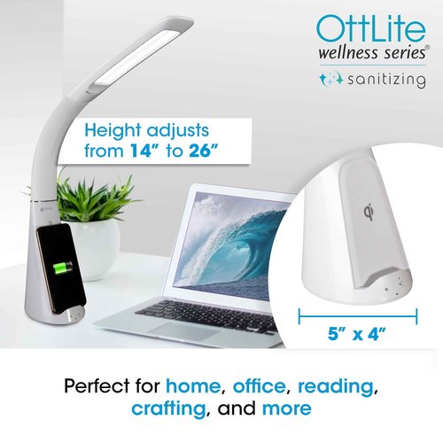 OttLite Purify LED Sanitizing Desk Lamp with Wireless Charging – Eliminates up to 99.9% of Bacteria, Touch Activated, Flexible Neck, Modern Light for Reading, Crafting & Office Desktop