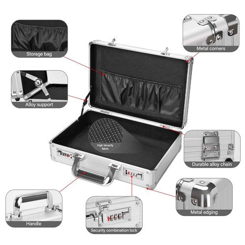 LOCKCURX File Organizer Storage Box - 14.2 x 9.4 x 4.5 Inch Medium, Portable Locking Storage Totes with Dual Combination Locks for Cash, Documents & Valuables - Silver