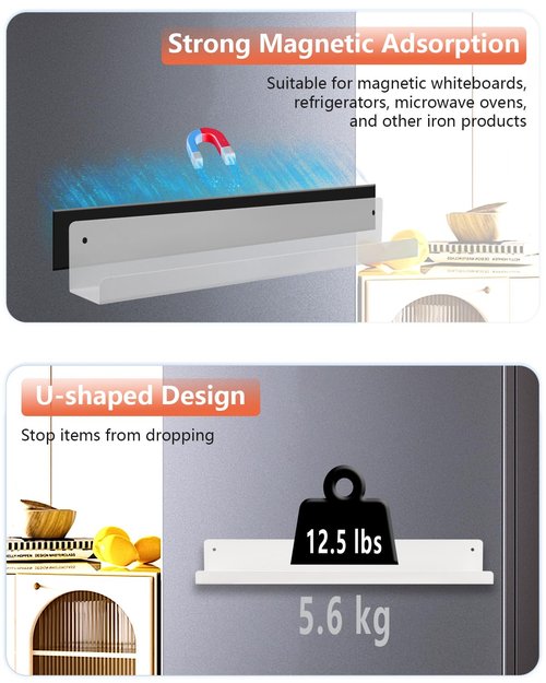 HDLDYDD 2-Pack Magnetic Book Shelf for Whiteboard - 17 Inch Reusable Metal Magnetic Shelves, Holds 12.5 lbs, Magnetic Book Display for Classrooms, Offices, Kitchens, Kids' Rooms - White