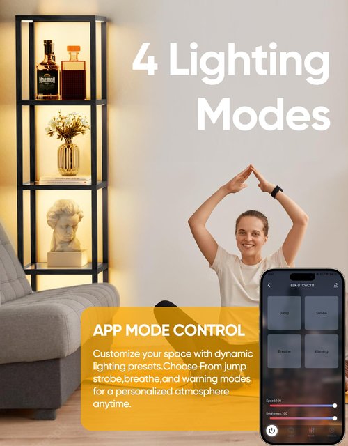 PARTPHONER Large Glass Display Shelf with Remote/APP Control, Dimmable LED Floor Lamp with Shelves, Open Display Cabinet, Color Temperature Control (2700K-6000K), Black
