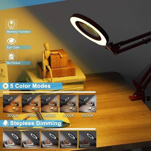 Skiennix 10X Magnifying Glass - Lighted Clamp Magnifier with 5 Color Modes & Dimmable LED - Red