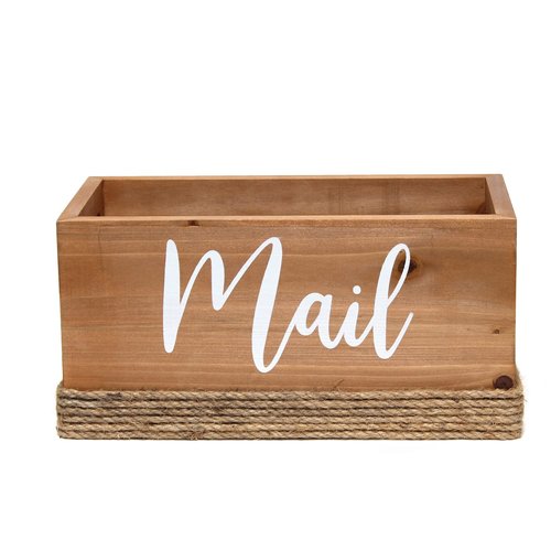Elegant Designs HG2036-NWD Homewood Farmhouse Rustic Wood Decorative Mail Holder, Bills, Letter Storage, Sorter w Wrapped Rope, Cutout Handles w Mail White Script for Décor, Desk, Office, Nat Wood