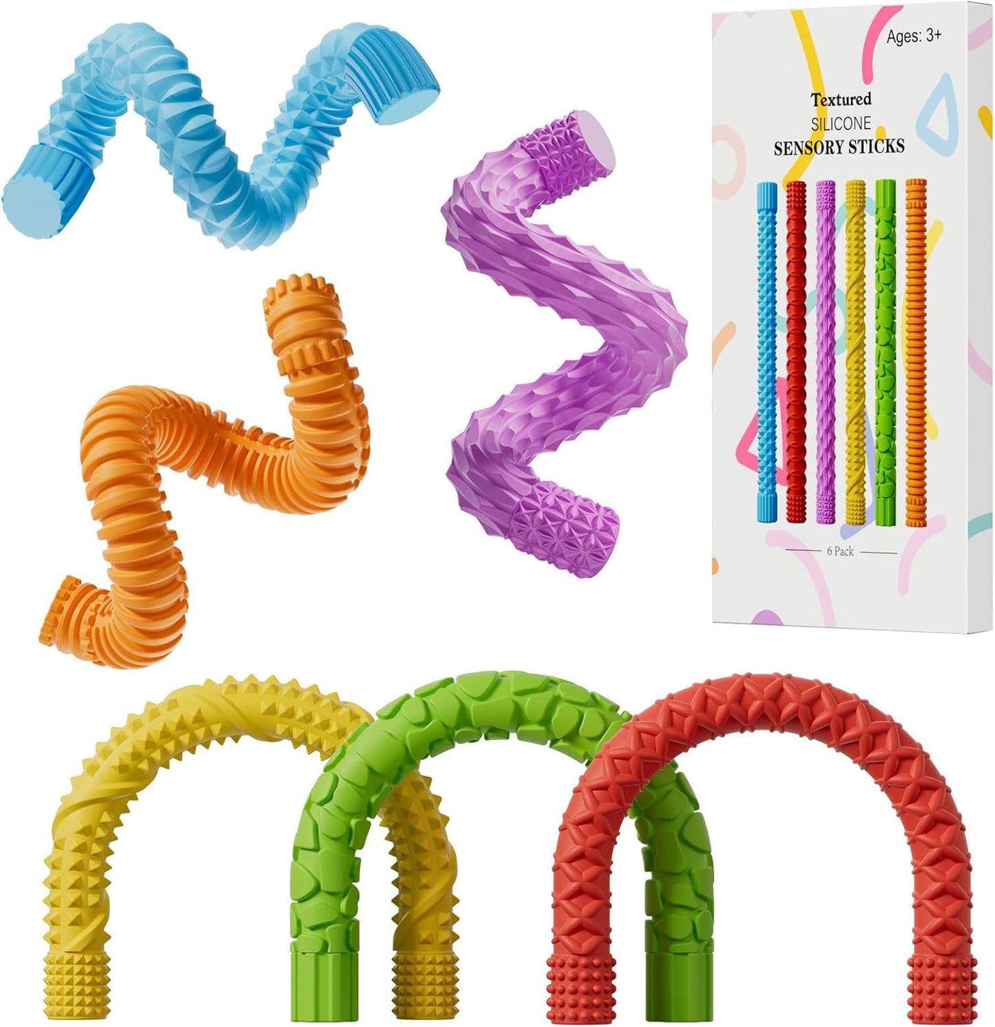 Skiennix Fidget Sensory Sticks - 6PCS Textured Stress Relief Toys for Kids & Teens | Travel Essentials