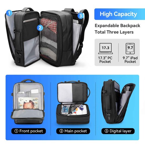 MARK RYDEN Travel Backpack for Men, 38L Airline Approved Carry on Backpack with 17.3 Inch Laptop Compartment and USB Charging Port, Waterproof Business Backpack Ideal for Traveling, Working