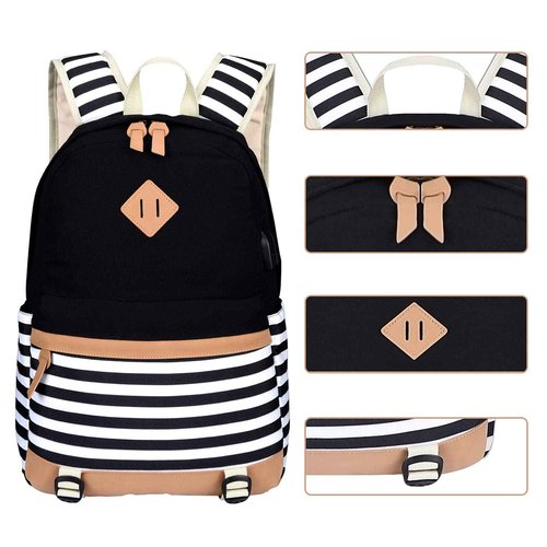 BTRLIACY Canvas School Bags Striped Rucksack Casual Daypack Laptop Backpack College Student Bag Backpack for Women Teenage Girls, with Lunch Box Bag Pencil Case