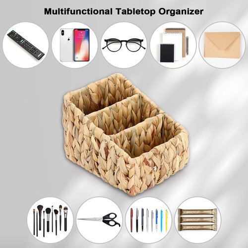 Sumnacon Water Hyacinth Remote Control Holder, Rustic Remote Control Holder Caddy with 3 Compartments,Decorative Remote Control Storage Organizer Caddies for Table, Bedroom,Living Room