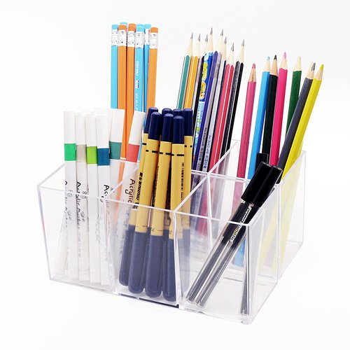 eastbao 6 pack Acrylic Pen Holder for desk cute office supplies,Stationery and makeup brush organizer,Clear Desktop Pencil Cup with 3 Compartments