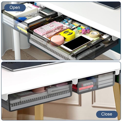 2 Pack Hidden Attachable Drawer Under Desk, Slide Out Small Under Desk Drawer, Self-Adhesive Desks Storage Tray Drawers, for Office, Home, Kitchen, Dressing Table (2 Sizes, Black)