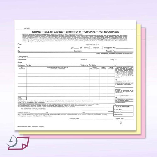 NextDayLabels - Short Form Straight Bill of Lading, 8-1/2 x 7", 3 Part NCR Carbonless White/Canary/Pink, 200 Sets