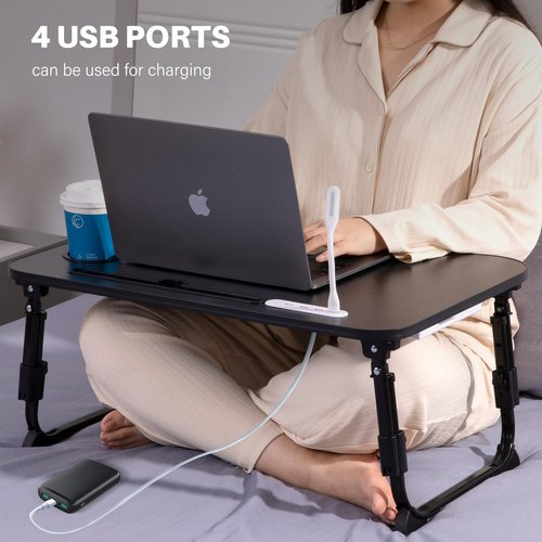 Laptop Desk for Bed, Height Adjustable Laptop Bed Table, Foldable Portable Lap Desk Stand with USB/Storage Drawer/Cup Holder/Slot, Breakfast Tray for Working Reading Writing Eating