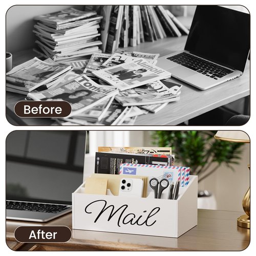 Vecxoty Wooden Mail Organizer Countertop Mail Holder for Desk with 4 Slots,Rustic Mail Basket for Counter with Anti-Slip Pad Mail Sorter Letter Holder Box for Desk Home Office（White）
