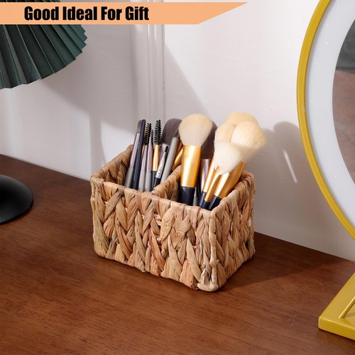 SWT8CAI Remote Control Holder Wicker Desk Organizer Woven Storage Basket,TV Remote Control Organizer Holder Storage Caddy for Table with 2 Compartments