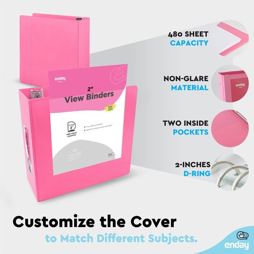 2 Inch 3 Ring Binder 2” Pink, Slant D-Ring 2 in Binder Clear View Cover with 2 Inside Pockets, Heavy Duty Colored School Supplies Office and Home Binders – by Enday