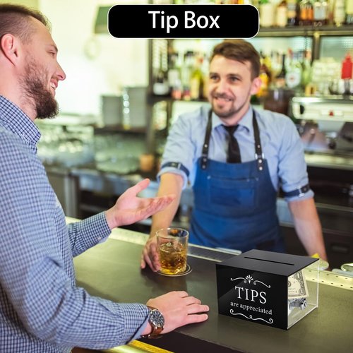 ZEAYEA Tip Jar for Money, 6 x 4 x 5 Inch Acrylic Tip Collection Box with Lock, Wall-Mounted Donation Suggestion Box, Raffle Cash Money Storage Container for Bartender Bar Restaurant Musicians Driver