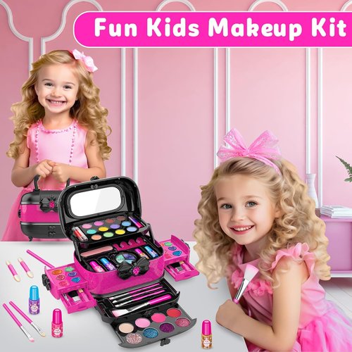 Hollyhi Kids Makeup Kit - 58 Pcs Real Washable Cosmetic Set with Mirror | Perfect Birthday Gift for Girls Ages 3-12 (Rose)