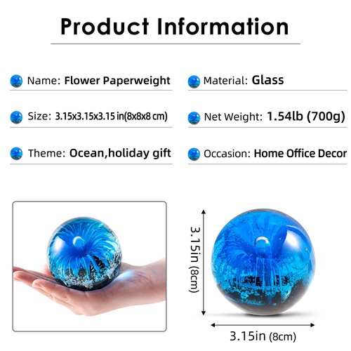 EUSTUMA Blue Hand Blown Glass Anemones Sculpture, 3.15x3.15x3.15 inches, 1.52 lbs, Paperweight, Fish Tank Ornament, Figurine Gift Box, Home Decoration